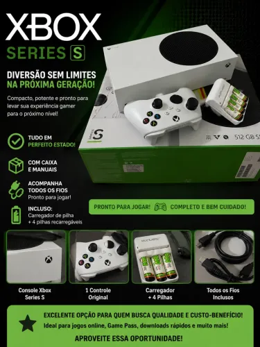Xbox Series S 512GB completo! Caixa, controle, cabos, carregador +4 pilhas.