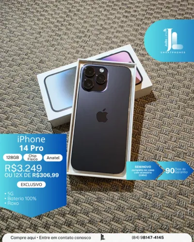 IPHONE 14 PRO, 5G, CHIP FÍSICO, 128GB, ANATEL, ROXO, SEMINOVO EXCLUSIVO!