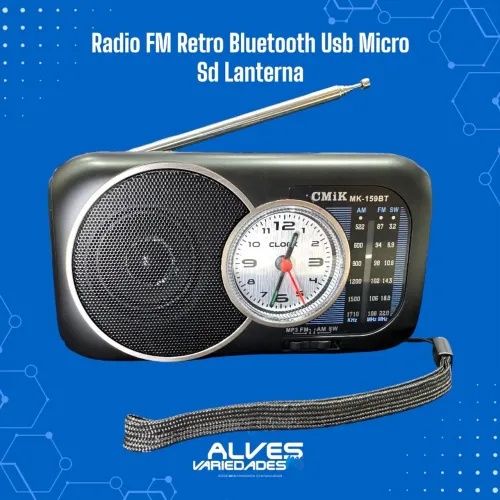 Rádio FM Retrô Bluetooth USB relógio e lanterna 