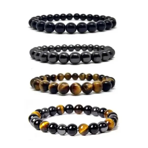 Combo 4 Pulseiras Pedra Natural Ônix Hematita Olho De Tigre