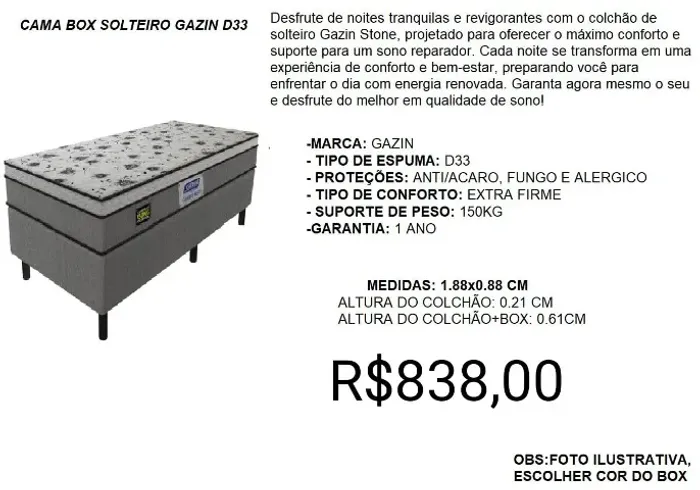 CONJUNTO COLCHÃO+BOX SOLTEIRO A PRONTA-ENTREGA