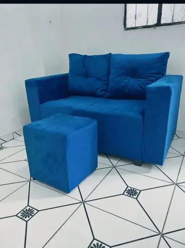 Sofá 2 Lugares Azul com Puff