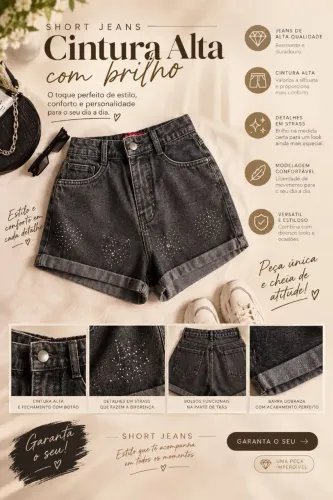 Short jeans preto com detalhes de strass