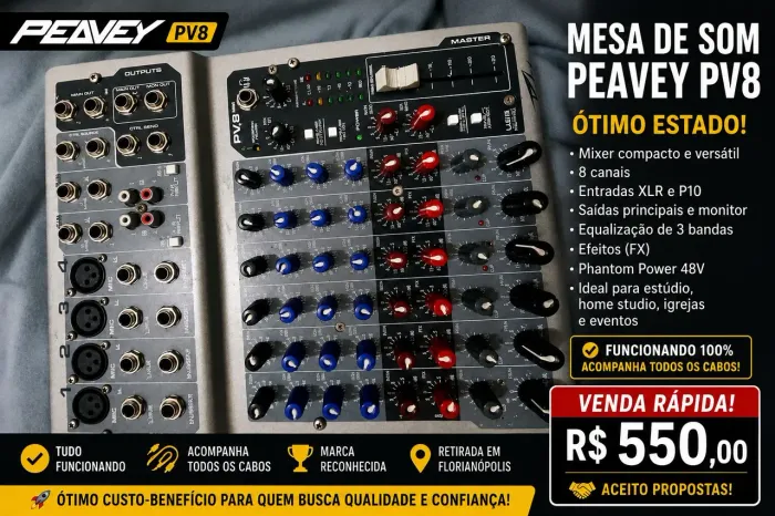 Mesa de Som Peavey PV8 Original + Cabos Inclusos - R$ 550,00
