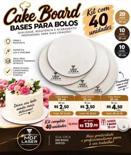 kit Cake Board 40 un Tabuleiro Prato De Bolo Mdf