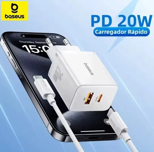 Carregador Baseus 20W + Cabo Baseus 20W em Nylon Lacrado