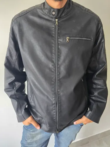 Jaqueta Couro Sintético Preta Masculina Estilo Café Racer Casual