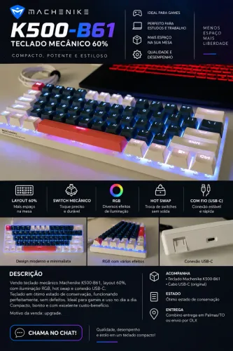 Teclado Mecânico Machenike K500-B61 RGB 60% Hot Swap