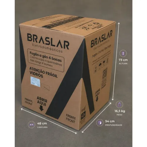 Fogão de Piso Braslar New Sirius 4 Bocas Preto Mesa Inox - Acendimento Manual - Na Caixa!