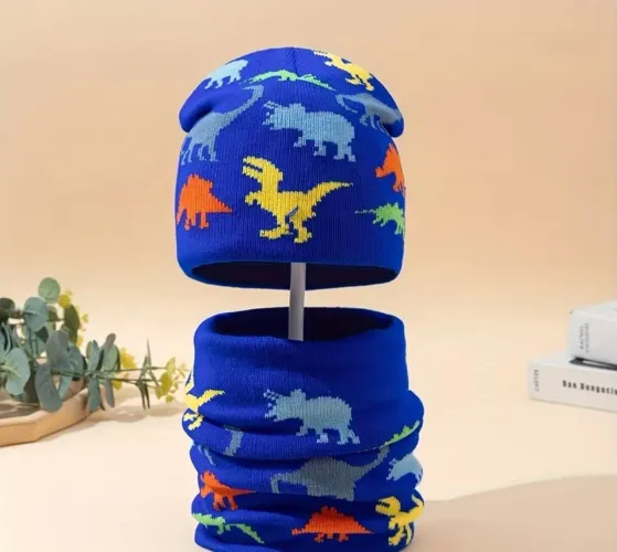 Kit Inverno Infantil Gorro E Cachecol Gola De Tricô Dinossauro Touca Menino Quentinho