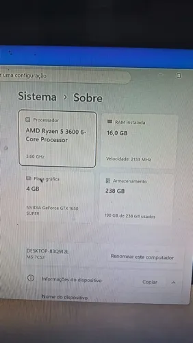 PC gamer Ryzen 5 3600 3.6 16GB DDR4, GTX 1650