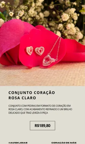Conjunto Coração Rosa Claro em Prata 925