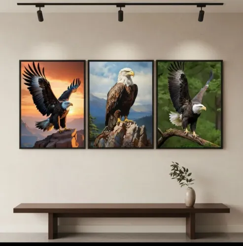 Kit de 3 quadros decorativos de águia de madeira pinus com adesivo