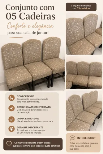 CONJUNTO COM 05 CADEIRAS ESTOFADAS PARA SALA DE JANTAR