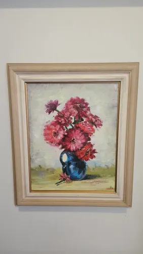 Quadro Pintura a Óleo - Vaso Azul com Flores Vermelhas