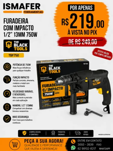 FURADEIRA COM IMPACTO 1/2" 13MM 750W THE BLACK TOOLS - TBF750