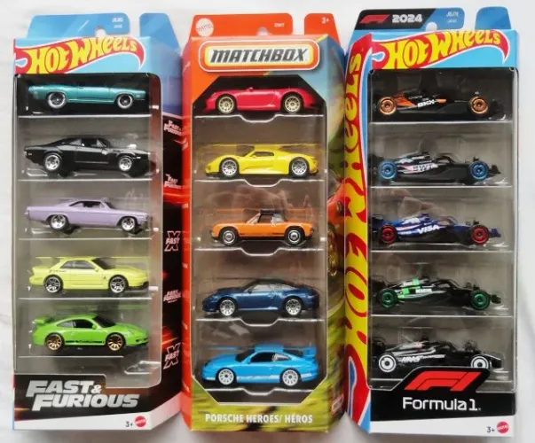 hot wheels lote 3 packs formula 1 + velozes e furiosos + porsche matchbox hotwheels