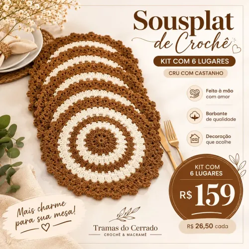 Kit 6 Sousplat de Crochê, 37cm Fio 8 Estruturado
