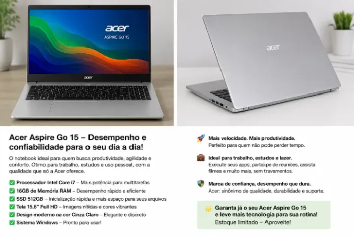 Notebook Acer Go 15 Processador Intel core i7 16Gb Ram 512 SSD. Novo