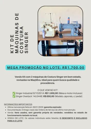MÁQUINAS DE COSTURA SINGER (INDUSTRIAL E OVERLOCK) - OPORTUNIDADE ÚNICA!!!