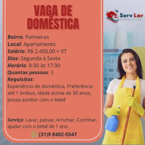 Vaga de Doméstica no Palmeiras - BH