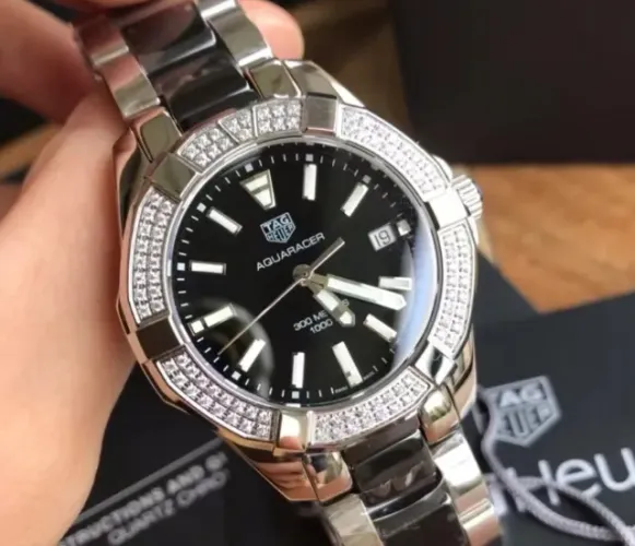 Tag Heuer Aquaracer Quartz Diamonds Mostrador Preto Pulseira de Aço Bicolor - WAY131E.BA09