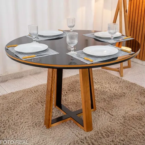 Mesa de Jantar Luxo Redonda 120cm Vidro Preto/Base Madeira rf33