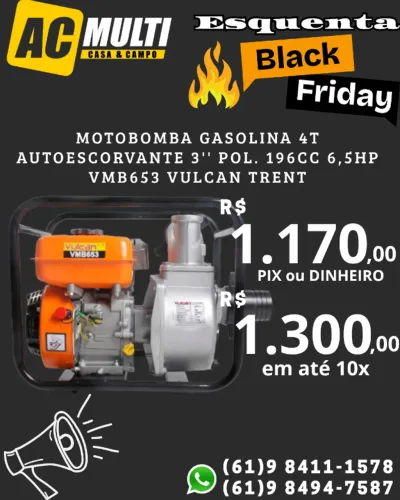 MOTOBOMBA GASOLINA 4T AUTOESCORVANTE 3'' POL. 196cc 6,5HP VMB653 VULCAN TRENT