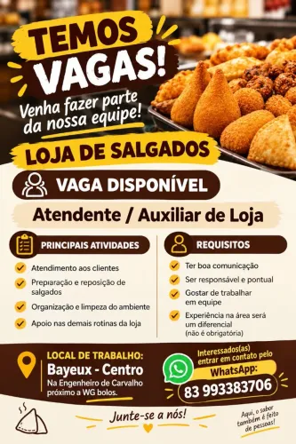 Vaga emprego para loja salgados