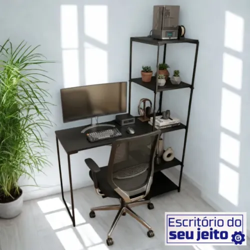 Mesa de Estudo Escrivaninha NOVA Industrial com Estante Multiuso para Computador Notebook