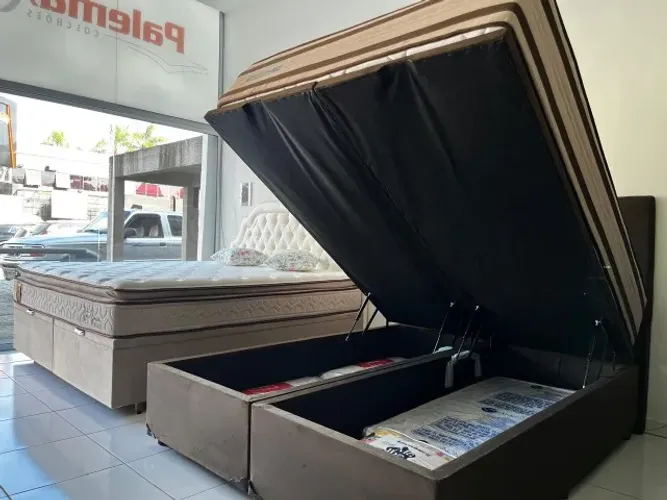 Limpa Estoque! Cama Box Queen Size Com Baú Nova Gazin Molas Ensacadas Suporte 150 Kg