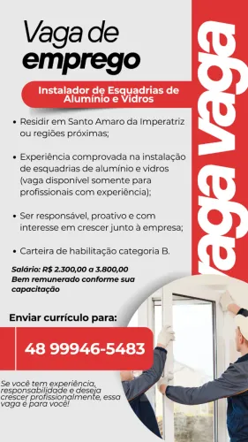 Vaga de Instalador Profissional de Janelas de alumínio e temperado