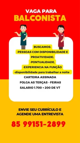 Vaga para Balconista com experiência! Vaga para Noite! 