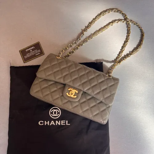 bolsa chanel flap cinza couro caviar