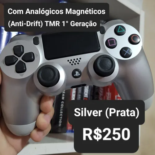 Controle PS4 Original Silver (Prata) com Analógicos Magnéticos Anti-Drift TMR 1° Geração