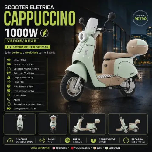 Scooter Elétrica New E-Bike Cappuccino 1000W Lítio 60V 20Ah NFC Verde/Bege