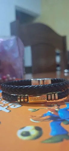 Pulseira Masculina Fé, Foco, Força e Coragem - Couro Trançado