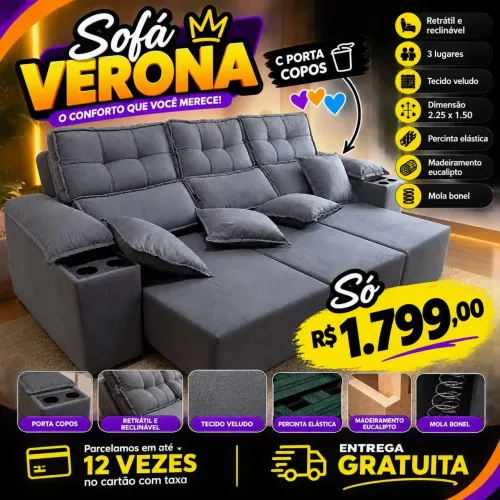 Sofá 3 lugares retrátil reclinável com porta copos novo na promoção