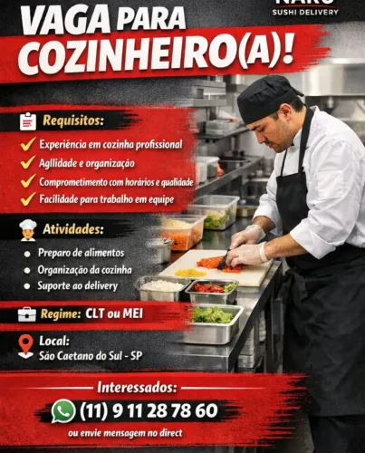 Estamos em busca de COZINHEIRO(A) para reforçar o time da cozinha.