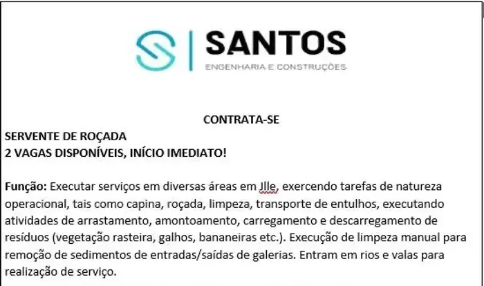 Vaga de servente de roçada - limpeza das encostas dos rios