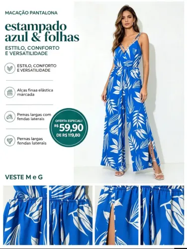 Macacão pantalona azul e branco
