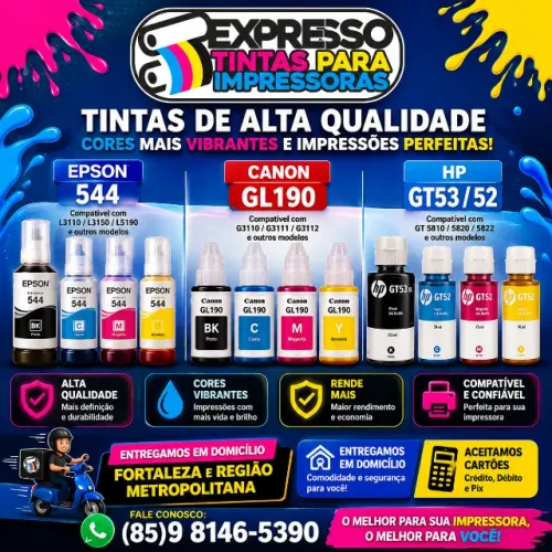 Tinta Epson Canon HP e Brother. Fazemos Entregas e Aceitamos Cartões. Fale Conosco.