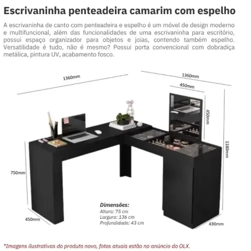 Escrivaninha Penteadeira Camarim de Canto com Espelho - Preto Fosco Liso