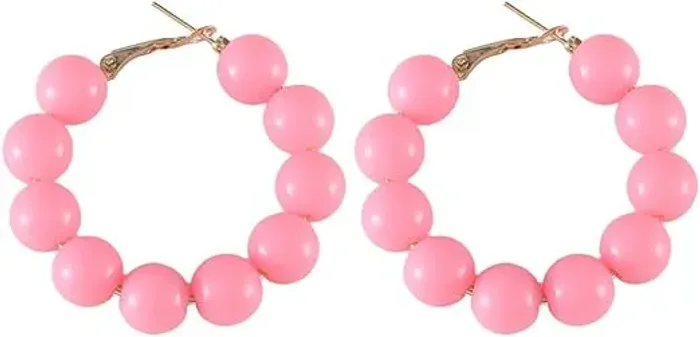 Brincos feminino Argola Grande com Contas Rosa Claro 4,5 cm (NOVO)