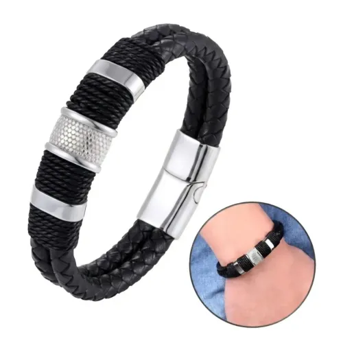 Pulseira Masculina Luxo Couro Legítimo Alta Qualidade Preta