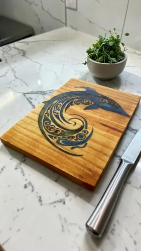 Tábua Decorativa Golfinho com Resina Perolada - Arte em Madeira