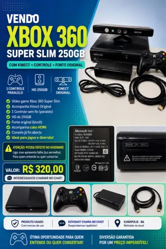 Xbox 360 Super Slim 250GB + Kinect + Controle + Fonte Original - R$ 320