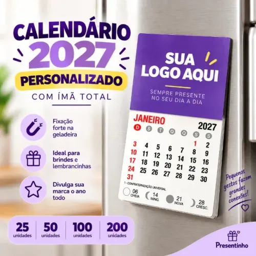 Mini Calendário 2027 Personalizado com Logo Ímã de Geladeira Brinde Corporativo