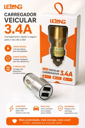 CARREGADOR VEICULAR 3.4A LE-528 - LELONG