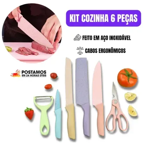 Kit Jogo de Faca 6 Peças Coloridas Cozinha Aço Inoxidável Profissional Gourmet Descascador